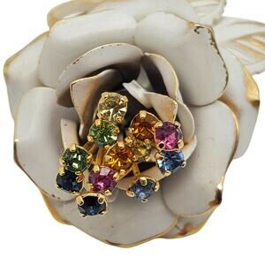 White Rose Brooch Enamel Flower Multi Color Rhinestone Pin Gold Tone 50s Vintage